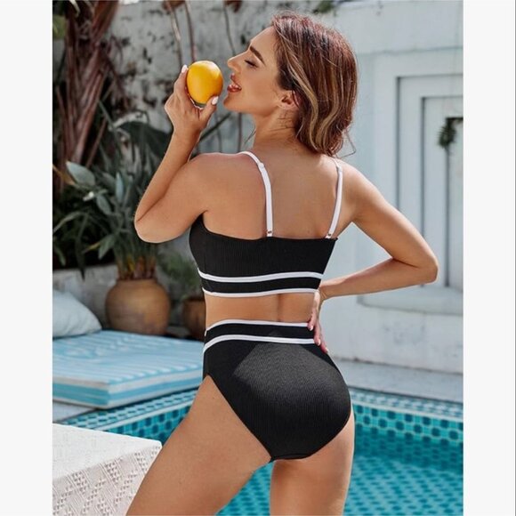 NWT Blooming Jelly High Waisted Ribbed Bikini Set Black‎ & White BMJL Small - Picture 2 of 9